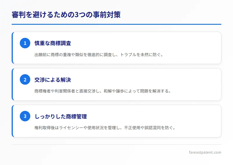 商標審判を避けるための事前対策3点をまとめたカード。調査、交渉、管理の順。